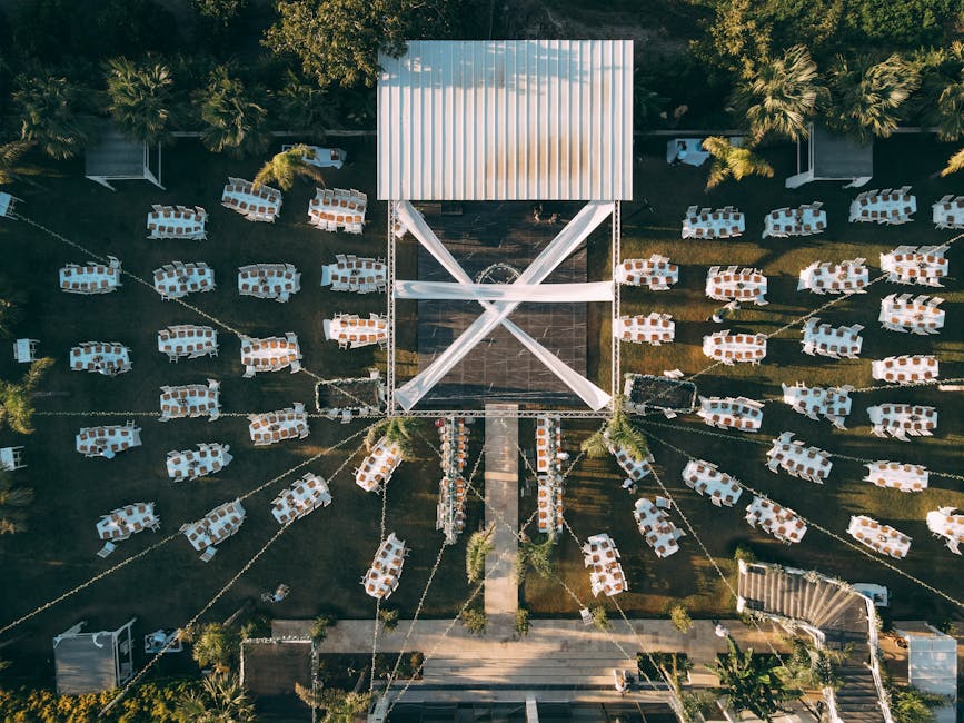 Drone flying over a scenic wedding venue